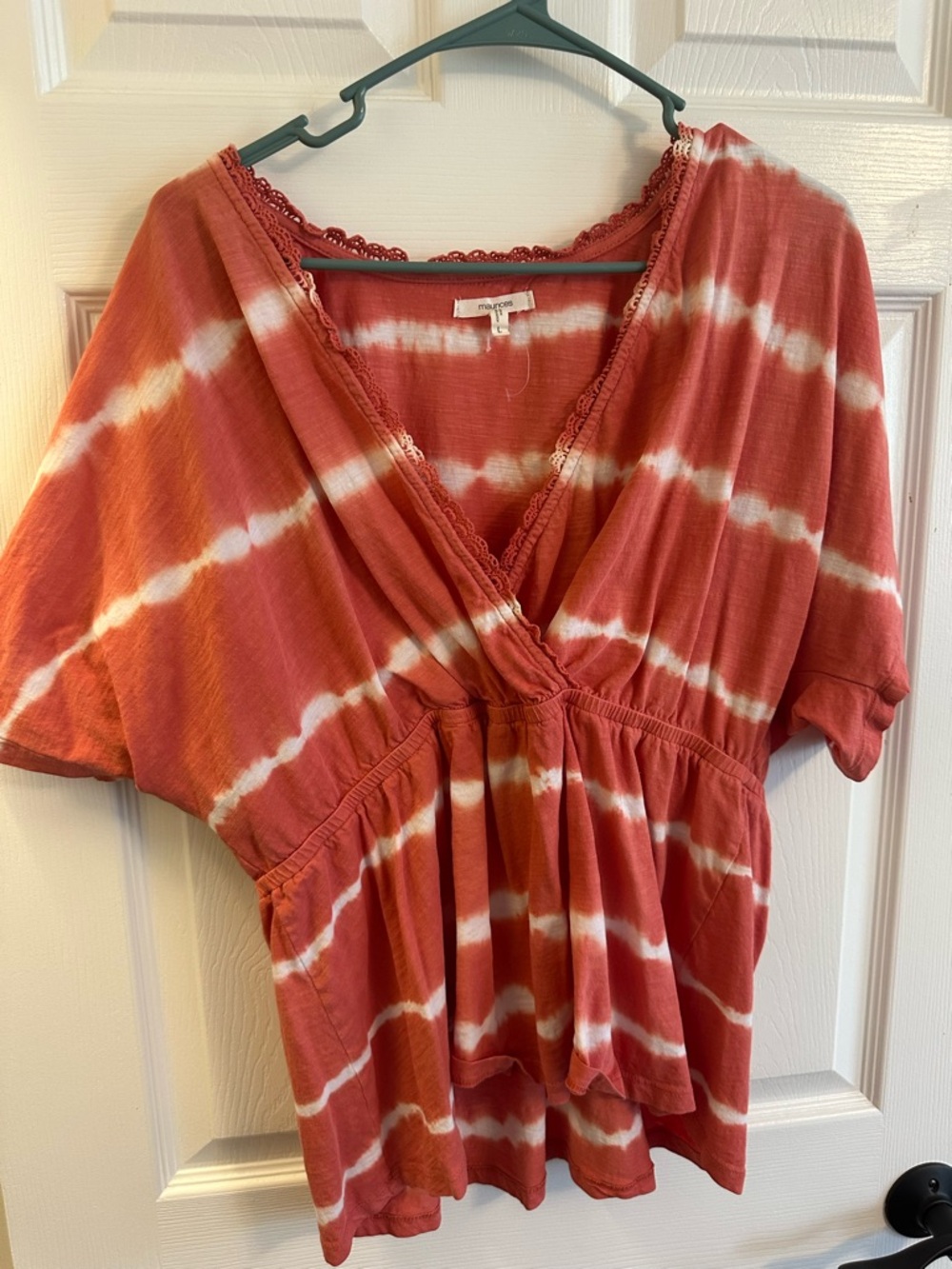 Maurices Coral and White Tie-Dye Lace Trim Top